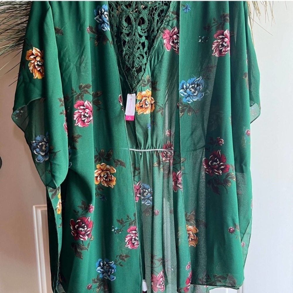 Womens Green Floral Open Duster/Coverup Size Medium - Picture 3 of 12